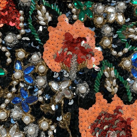 Vintage 80s Cream Sweater Beaded Sequin Burgundy Dark Floral Statement Knit - Picture 7 of 12